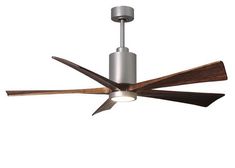 a ceiling fan with three wooden blades on the blade and two light bulbs attached to it