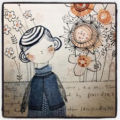 a drawing of a girl standing in front of flowers