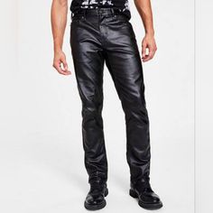 Black Leather Jeans For Men Edgy Black Leather Pants, Casual Fitted Leather Pants, Black Biker Leather Pants For Night Out, Black Leather Pants For Streetwear, Black Leather Straight Leg Pants, Black Leather Jeans, Grey Jeans Men, Pleather Pants, Moto Jeans