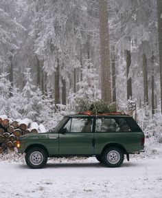 a green car with a christmas tree on the roof parked in front of a pile of logs