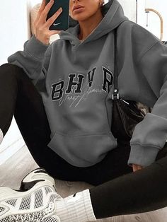 Long Sleeves Loose Keep Warm Letter Print Velvet Hooded Hoodies Tops GREEN-L Street Fits, Velvet Hoodie, Pocket Hoodie, Oversized Pullover, Fashion Seasons, Hooded Sweater, Oversize Hoodie, Casual Pullover, Keep Warm