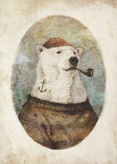 a painting of a polar bear with a pipe in it's mouth and an anchor on its chest