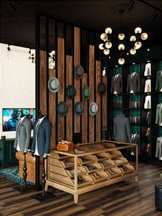 a clothing store display with suits and hats