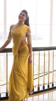 Latest Dress Designs Indian, Lace Saree Blouse, Latest Dress Designs, Saree Jacket Designs, Saree Jackets, Lace Saree, Yellow Saree, Jacqueline Fernandez