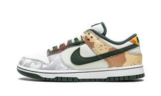 Sail/vintage green/tonal orange leather Dunk Low SE "Multi-Camo" sneakers from NIKE featuring panelled design, signature Swoosh logo detail, camouflage pattern, logo patch at the tongue, round toe, front lace-up fastening and flat rubber sole.  These styles are supplied by a premium sneaker marketplace.  Stocking only the most sought-after footwear, they source and curate some of the most hard to find sneakers from around the world. . Nike X Travis Scott, Camo Sneakers, Camo Shoes, Low Air Jordan 1, Dunks Nike, Nike Dunk High, Sneakers Addict, Nike Shox, Stadium Goods