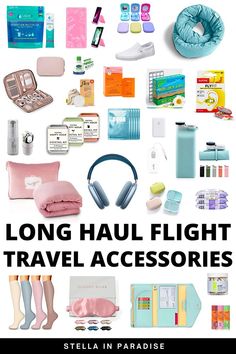 travel accessories for long flights in economy. compression socks, eye mask, travel wallet, travel blanket, foldable water bottle, jet lag remedy, phone holder, cable organization, earplugs, power banks, and more Travel Kit Gift, Long Haul Flight Essentials, Travel Outfits For Women, Surviving Long Flights, Road Trip Kit, Flight Essentials, Travel Bag Essentials, Best Travel Accessories, Amazon Travel