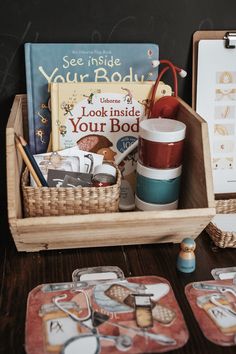 there is a basket with books and other items in it