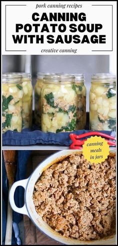 an image of canned food in jars with text overlay reading canning potato soup with sausage