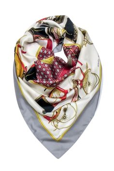 Buckle up for a luxurious ride with this super chic Hermes carriage print scarf. Crafted from 100% silk, this printed piece features a dreamy white and red carriage pattern, made to take your style to new heights! A stunning statement piece for any wardrobe. Made in France 100% Silk Care tag is not provided Length 35.5" Width 35" Classic White Silk Scarf, White Classic Silk Scarf, Classic White Scarf For Formal Occasions, Classic White Formal Scarf, Luxury Cream Silk Scarf, Luxury White Silk Scarves, Classic White Silk Scarf For Formal Occasions, Elegant Printed Silk Scarf, Elegant Multicolor Printed Scarf