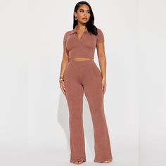 Brand New Pant Set. Cute And Stretchy. Sold Out Online. Casual High Waist Fitted Pant Set, Fitted Ribbed Brown Bottoms, Chocolate Fashion, Fashion Nova Pants, New Pant, Cropped Flares, Navy Fashion, Curve Dresses, Gal Gadot