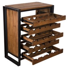 the wine rack is made out of wood and metal