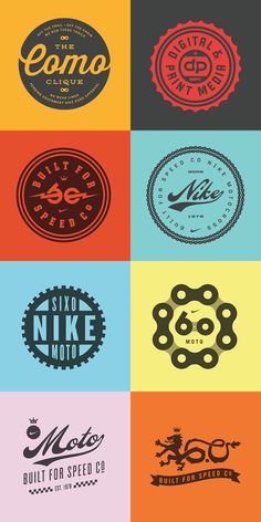 six different types of logos for motorcycles and motorbike riders, all in different colors