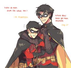 two young men dressed as batman and robin wayne, one with his arm around the other's shoulder