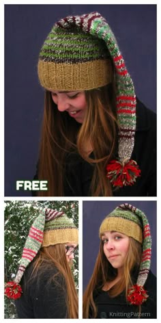 two pictures of a woman wearing a knitted hat