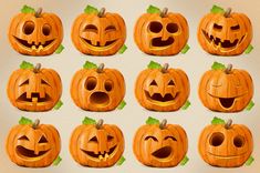 twelve carved pumpkins with faces on them