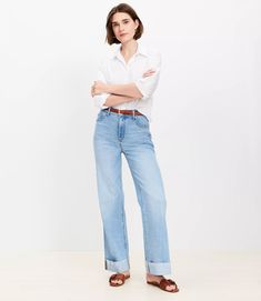 Flip Cuff High Rise Wide Leg Jeans in Light Wash Wide Jeans Over 50, Petite Jeans 2022, Merricks Art Jeans, Luxury Light Wash Tapered Leg Jeans, High Waist Jeans For Women, Can You Cuff Straight Leg Jeans, Wife Leg Jeans, Cuffed Wide Leg Jeans, Wide Cuff Jeans