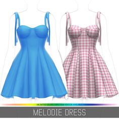 two dresses on mannequins are shown in different colors and styles, one is blue and the other is pink