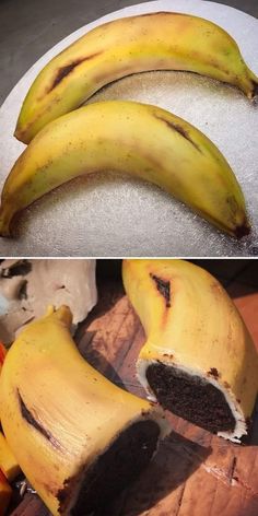 two pictures of bananas that have been cut in half and placed on top of each other