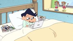 a cartoon character laying in bed using a laptop