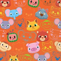 an orange background with many different animal faces