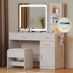 a white desk with a mirror and stool