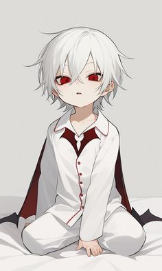 an anime character with white hair and red eyes sitting on the ground, wearing a school uniform