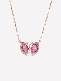 Argyle Pink™ Diamond and Pink Tourmaline Butterfly Necklace by J FINE with 1.88ct Pink Tourmaline and 0.17ct Round 8P/PP-9P/PP & PC1 Argyle Pink™ Diamonds. 18K Pink Gold on 18" Chain. Natural gemstones may display visible inclusions, or nature's fingerprints, which makes each one unique. Necklace not pictured in model shot. Luxury Pink Necklace With Adjustable Chain, Luxury Pink Birthstone Jewelry, Luxury Pink Gold-plated Necklace, Pink Blue Diamond Necklace, Luxury Pink Faceted Necklaces, Luxury Pink Necklace With Gemstone Accents, Luxury Pink Stone Necklaces, Luxury Faceted Women's Necklaces, Luxury Pink Fine Jewelry Necklaces