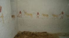 some paintings on the wall in a room with dirt flooring and walls that have animals painted on them