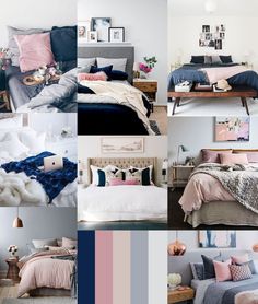 a collage of photos showing different types of bedding and pillows on the same page