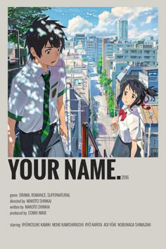 the poster for your name shows two people standing in front of a cityscape