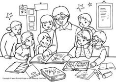 a black and white line drawing of a family reading books to their child's