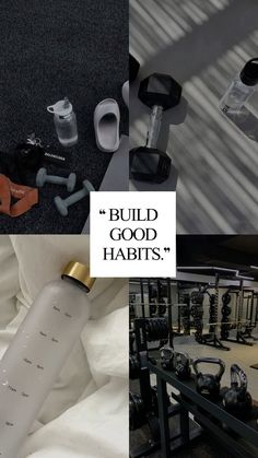 there are many different types of gym equipment in this collage with the words build good habitts