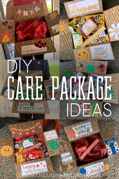 cardboard boxes filled with different items and the words diy care package ideas written on them