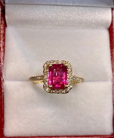 Beautiful 14k Yellow Gold Natural Emerald cut Ruby and Diamonds Ring 100%  Natural Ruby and natural Diamonds Beautiful genuine Ruby / treated-clarity enhanced Ruby:                                            2.31 CT Diamond(s)                                 0.55 CT Color:                                                    G Clarity:                                                SI1 Total ring weight:                        3.5 GR 14K Yellow Gold Ring sizing available Free of Charge For more in Luxury Oval Ruby Ring In Pink Gold, Yellow Gold Ruby Engagement Ring, Luxury Rectangular Yellow Gold Ruby Ring, Gia Certified Baguette Cut Ruby Ring, Radiant Cut Diamond Ring With Halo Setting, Elegant Gia Certified Yellow Gold Halo Ring, Fine Jewelry Radiant Cut Halo Diamond Ring, Exquisite Emerald Cut Halo Jewelry, Exquisite Emerald Cut Halo Design Jewelry