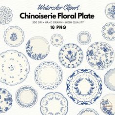 various blue and white plates with floral designs on the front, in different shapes and sizes