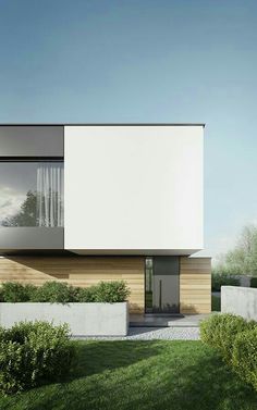 an architectural rendering of a modern house with large windows and grass in the front yard