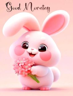 a cute little bunny holding flowers with the words good morning on it's side