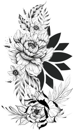 a black and white drawing of flowers with leaves on the bottom half of each flower