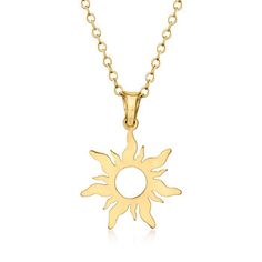 Ross-Simons - 14kt Yellow Gold Sun Pendant Necklace. 18". RS Pure. Modern designs that complete your outfit and complement your personality. Bask in the glow of this pendant necklace. Layered or alone, the sun motif shines on a cable chain in polished 14kt yellow gold. Includes a 2" extender. Springring clasp, 14kt yellow gold sun pendant necklace. Sun Motif, Sun Pendant, Necklace Layered, Gold Sun, The Glow, Timeless Jewelry, Fine Jewellery Necklace, Free Jewelry, Cable Chain