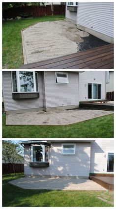 before and after photos of a concrete patio being built in front of a house with grass