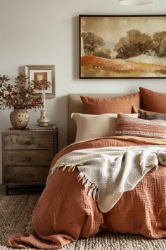 a bed with an orange comforter and pillows on top of it in a bedroom