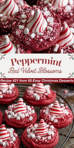 red velvet christmas cookies with white sprinkles and peppermint on top