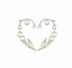 lily of the valley flowers forming a heart shape with green stems and buds on white background