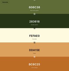 the font and numbers on this color scheme are all in different colors, from green to brown