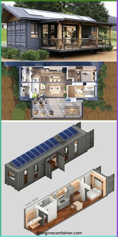 two pictures showing the inside and outside of a small house with solar panels on it