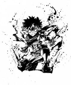 black and white ink drawing of an anime character with splats on his body