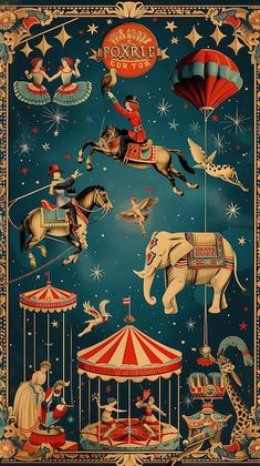 an old circus poster with people riding on horses and carousels in the night sky