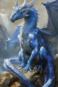 a blue dragon sitting on top of a rock