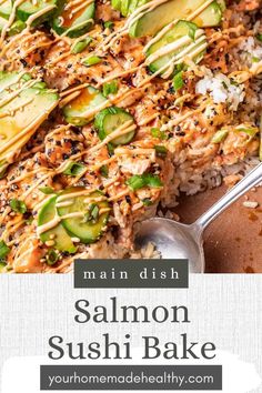 salmon sushi bake with avocado and sesame seeds