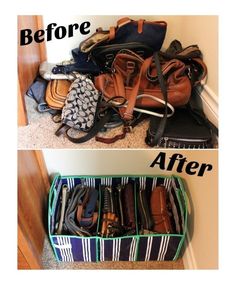 the before and after pictures show how to organize your purse